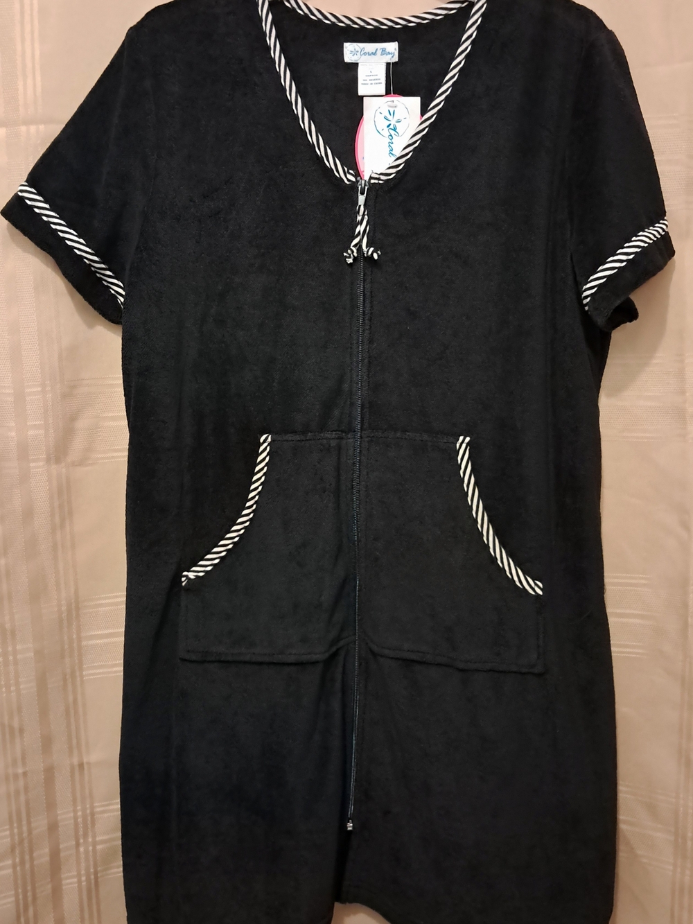 Coral Bay Navy Terry Short-Sleeve Zip Front Cover-Up with White Rope Trim